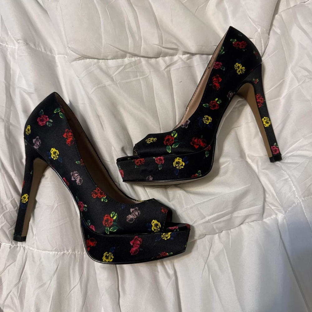 Betsey Johnson floral satin platform peep-toe heels